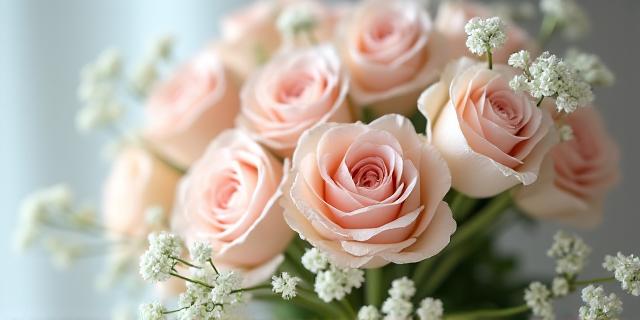 淡いピンクのローズとかすみ草のブーケ